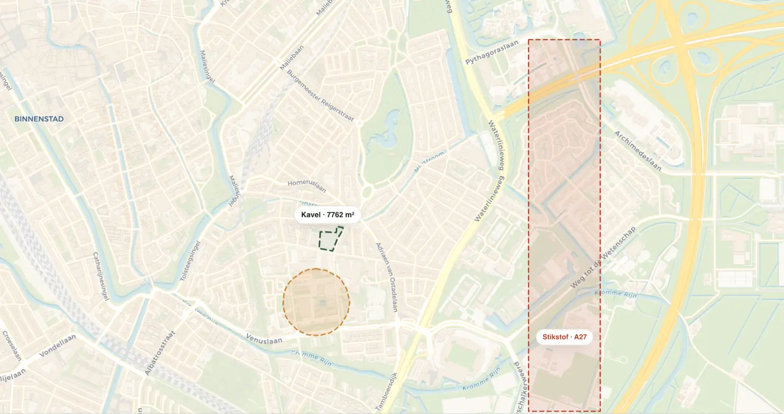 Plangebied met kavel, geluidszone en stikstofzone rond de A27