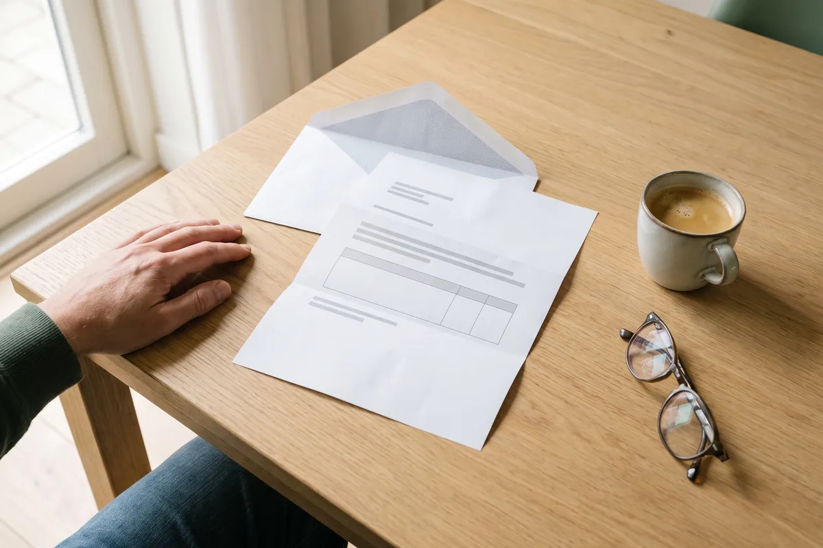 Een geopende envelop en een brief op een keukentafel, met een kop koffie en een leesbril ernaast