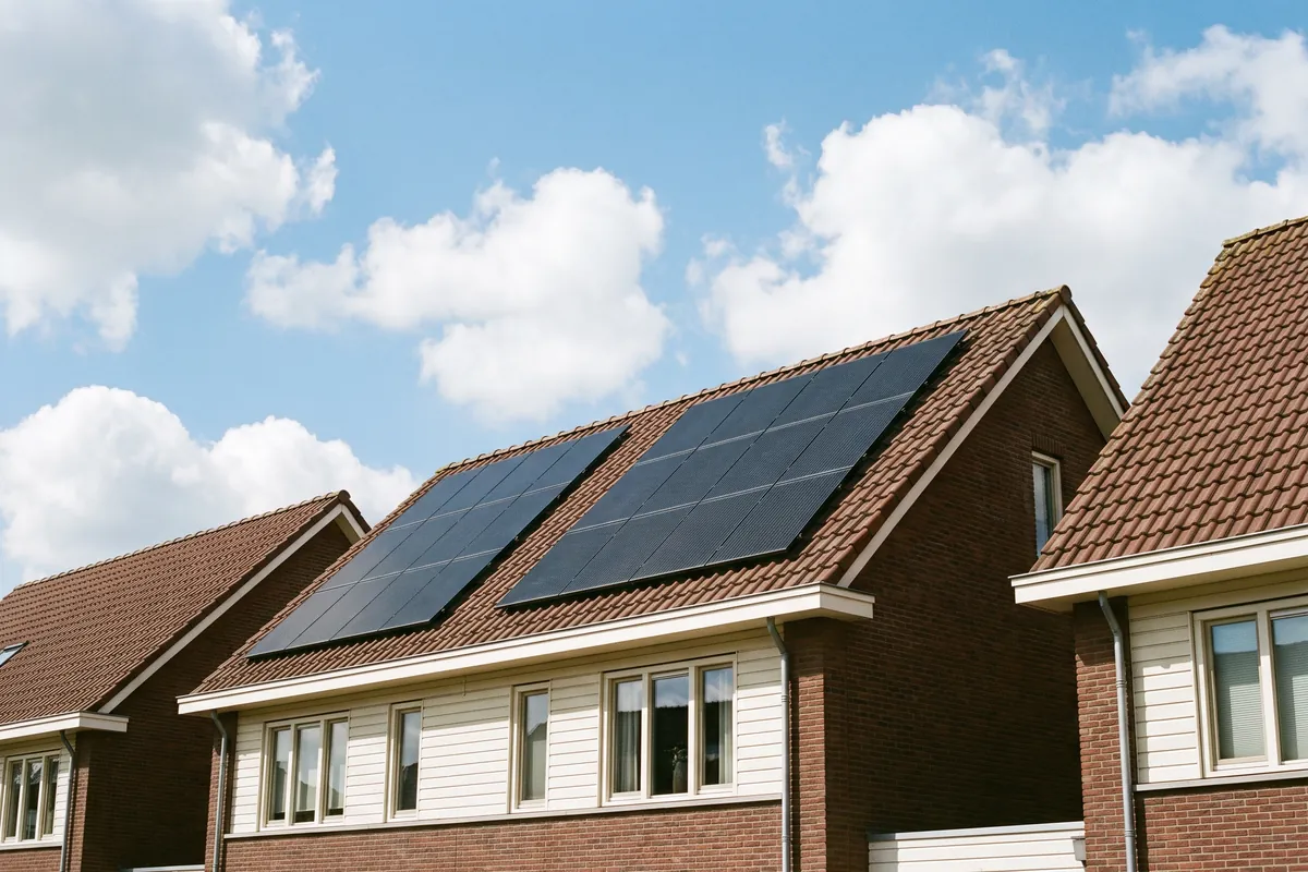 Een Nederlands pannendak met zwarte zonnepanelen, naast daken van buren zonder panelen